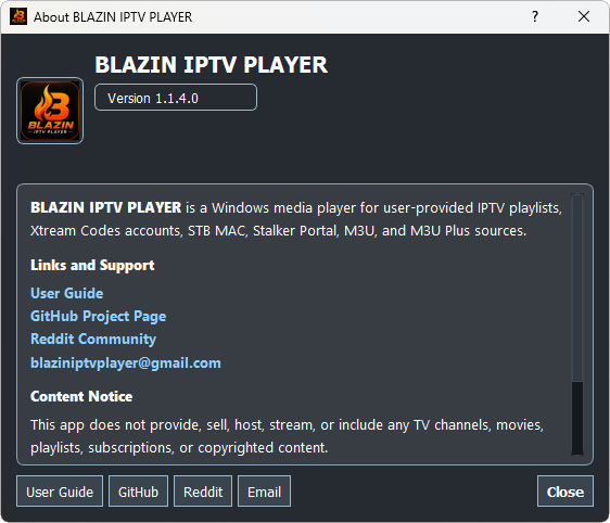 BLAZIN IPTV Player download and about window on Windows