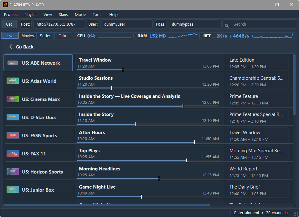 BLAZIN IPTV Player Blue Storm theme on Windows