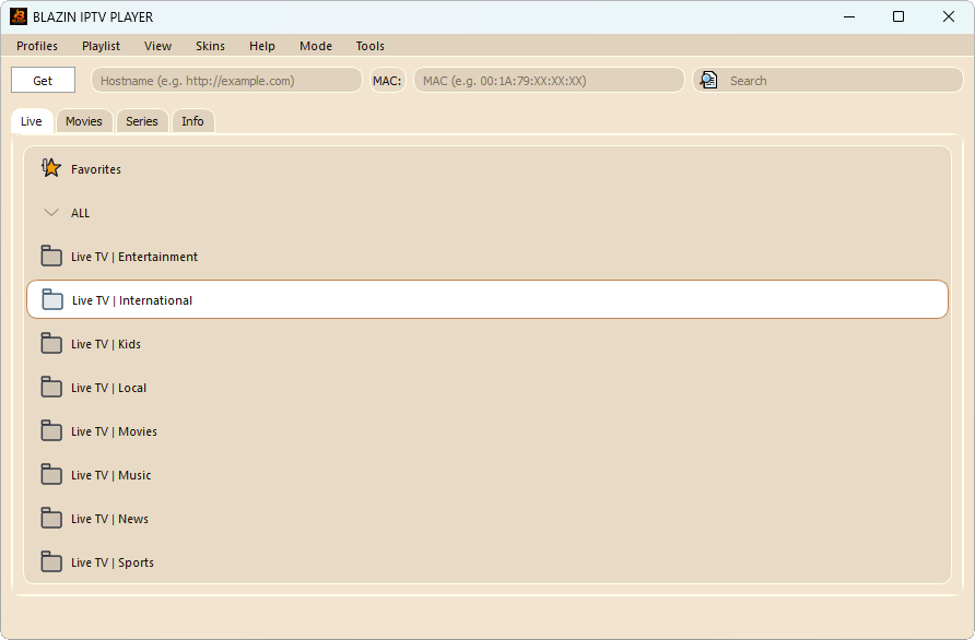 Brown theme in BLAZIN IPTV Player Windows IPTV app