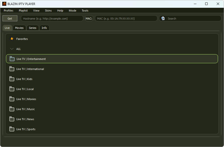 Dark green theme in BLAZIN IPTV Player Windows IPTV player