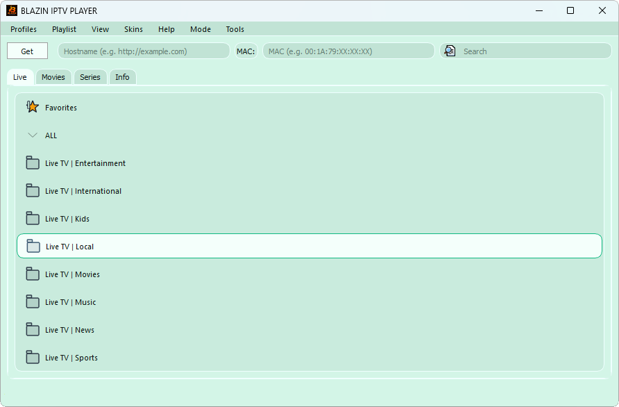 Green theme in BLAZIN IPTV Player for Windows 11 and Windows 10