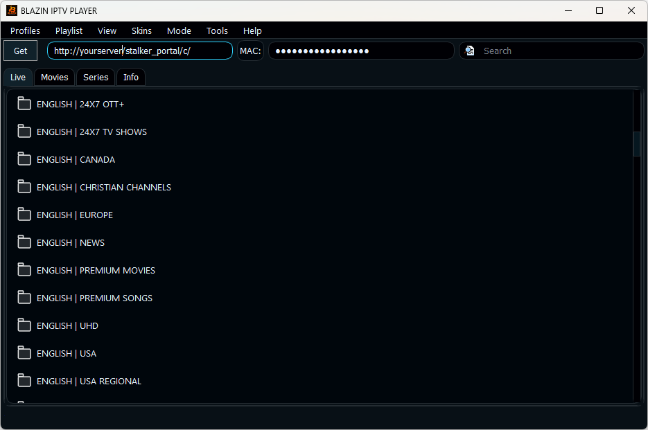 IPTV Player for Windows 11 showing live TV playlist categories in BLAZIN IPTV Player