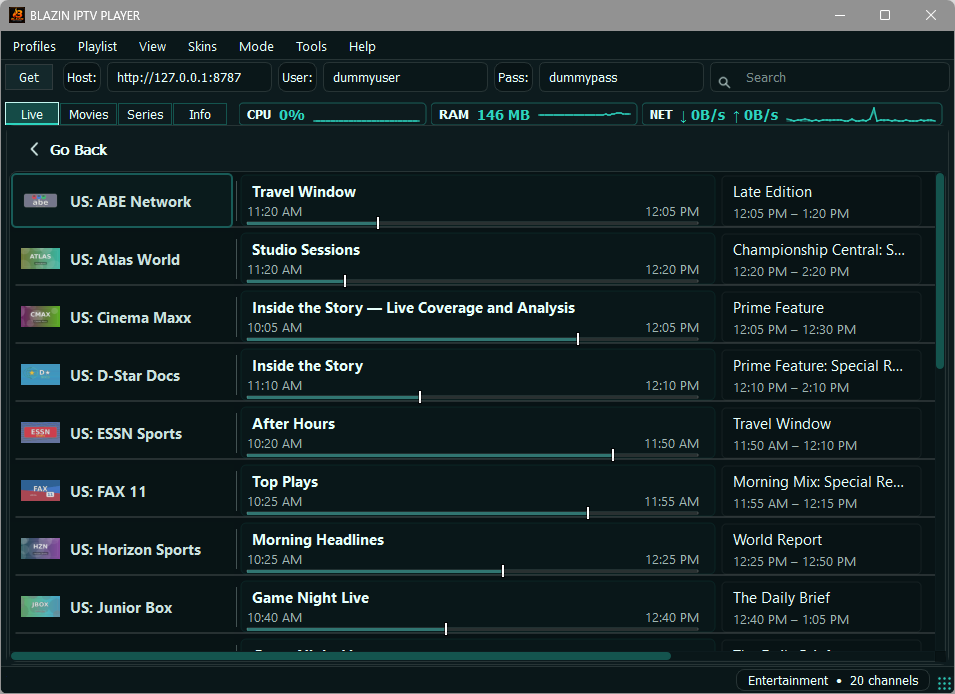 BLAZIN IPTV Player Night Teal theme on Windows 11