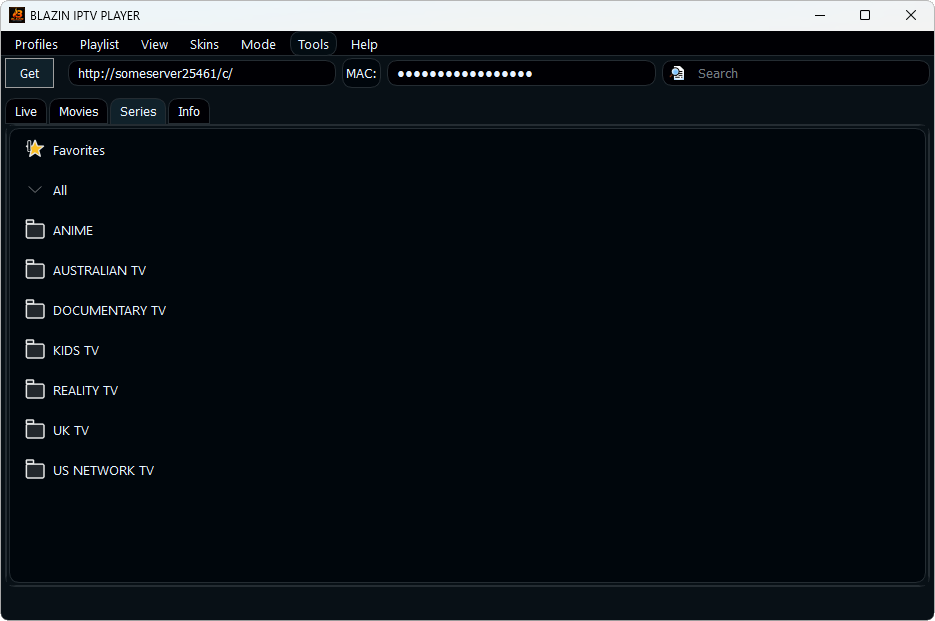 Windows IPTV player series tab and episode browsing