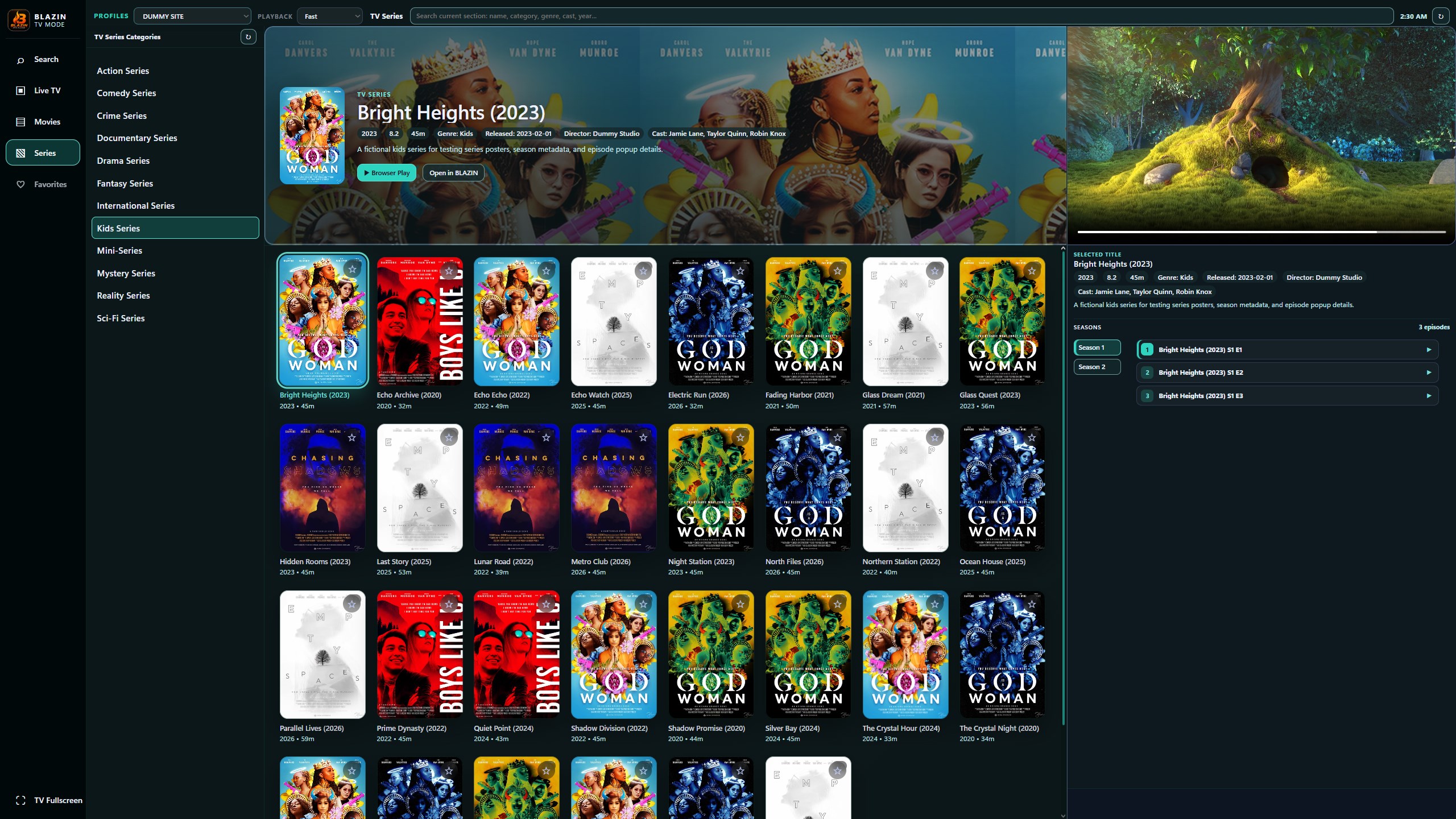 BLAZIN IPTV Player TV Mode Series with seasons and episodes on Windows